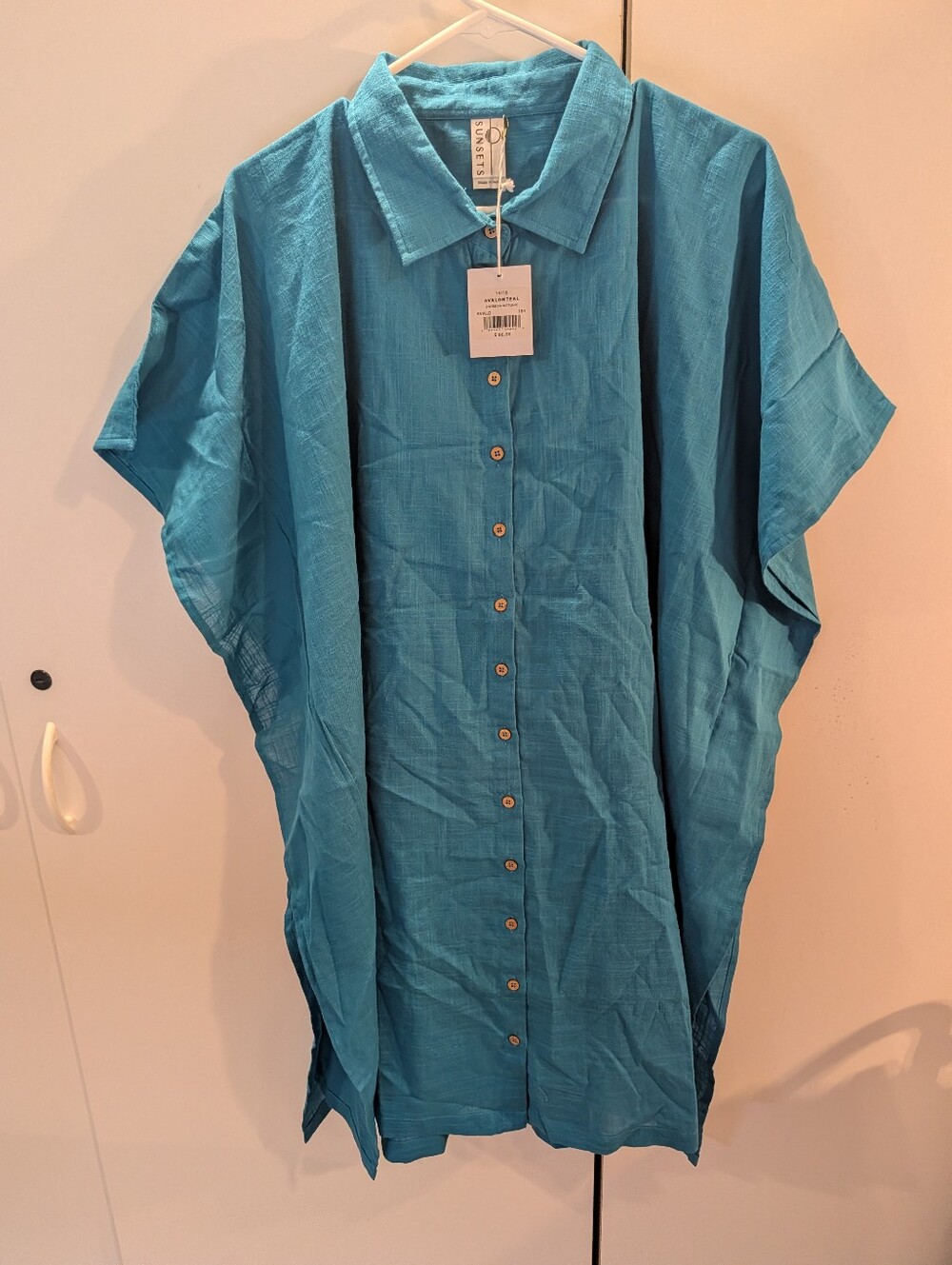 Sunsets Lightweight Button-Front Avalon Teal Shore Thing Tunic Woman's 14/16 NWT